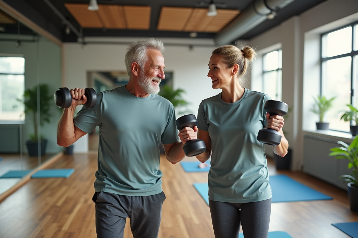 Homme et femme souriants levant des haltères en salle de sport