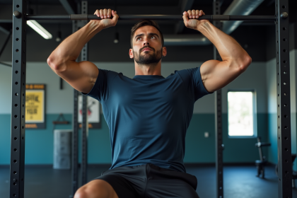 Homme en entraînement pull-up dans une salle moderne