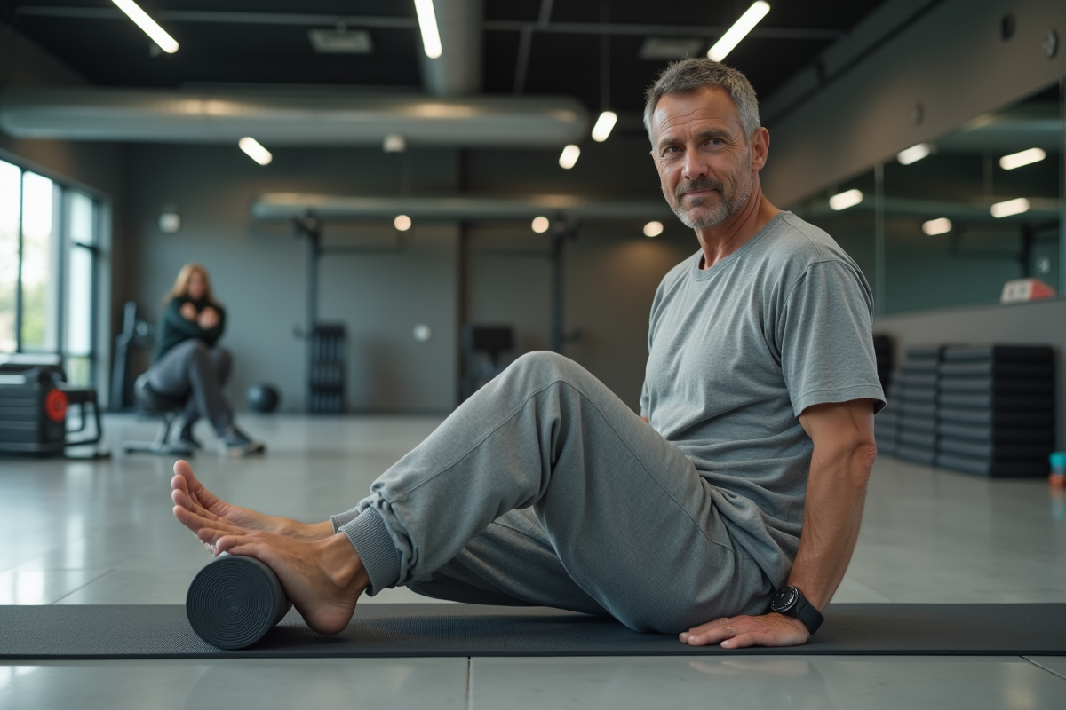 Homme faisant du foam rolling dans une salle de sport