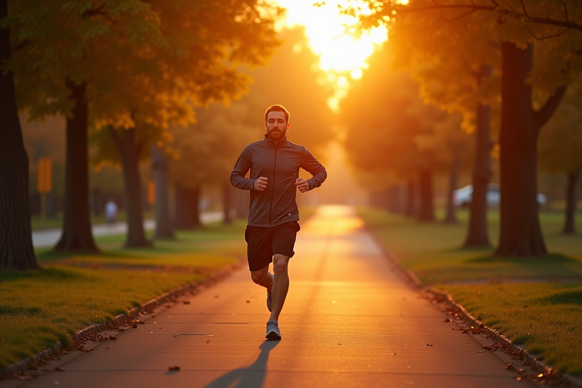 Homme faisant du jogging au coucher du soleil dans un parc