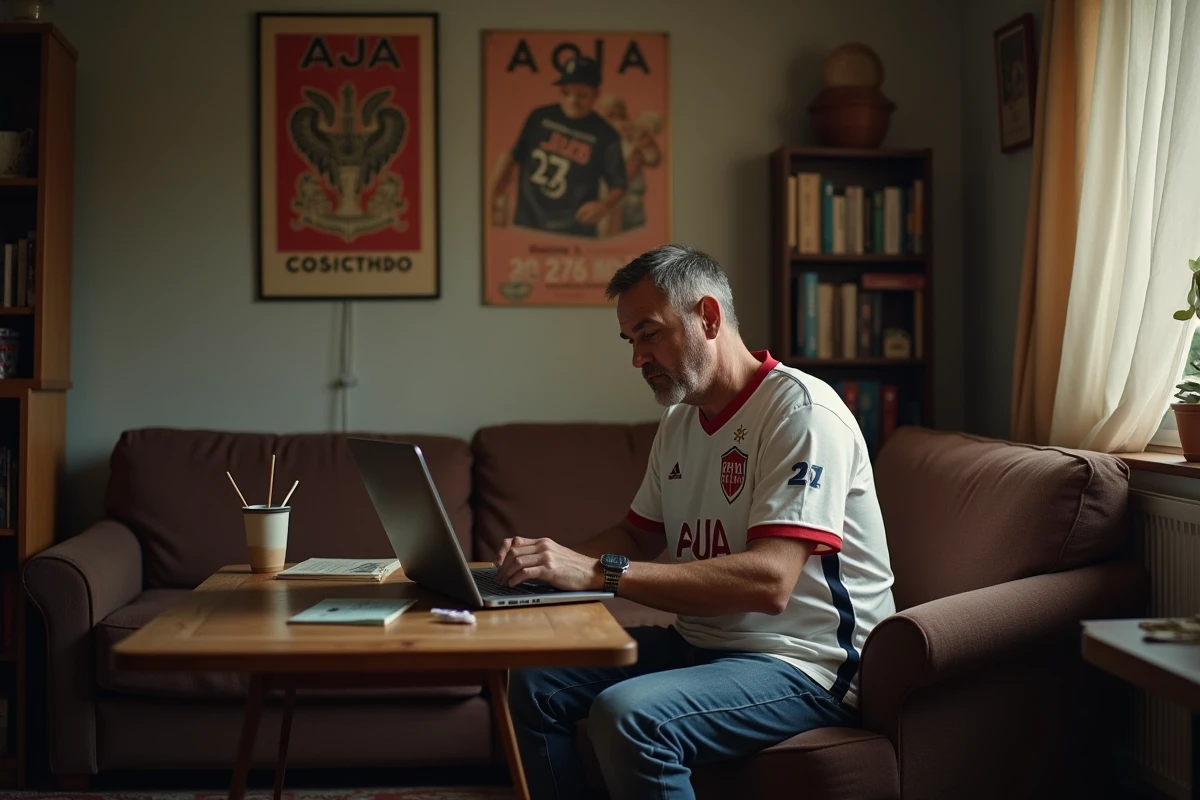 Homme lisant un ordinateur avec maillot AJA 1905