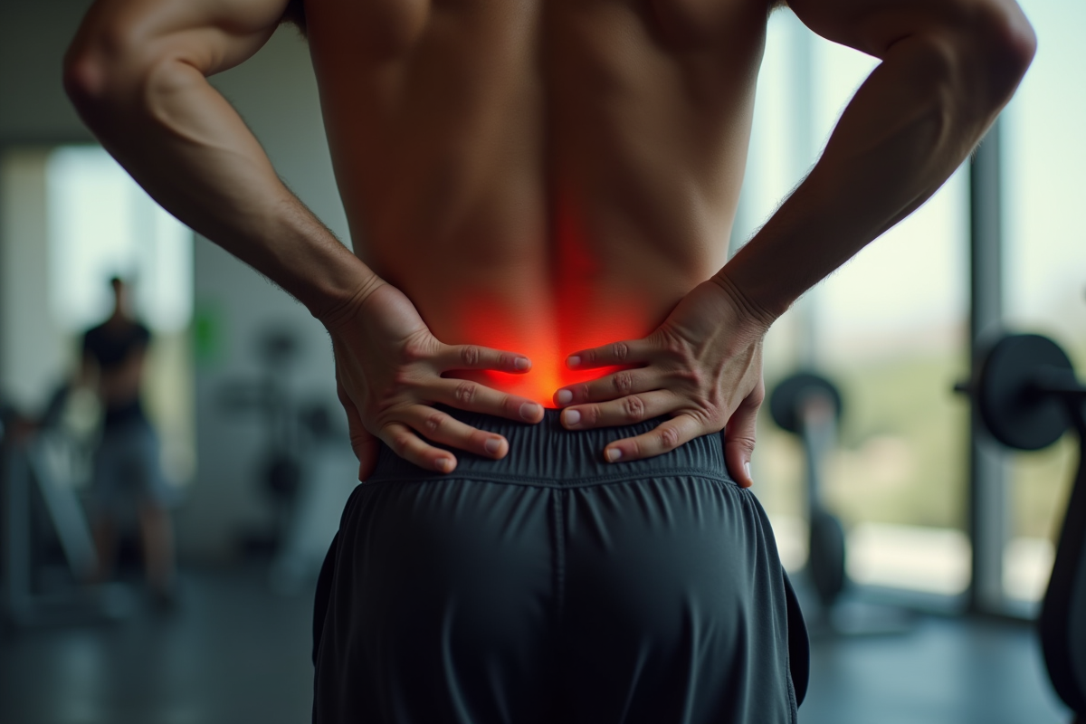 Homme souffrant de mal de dos après entraînement fitness