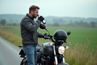 Homme en moto en balade sur une route de campagne