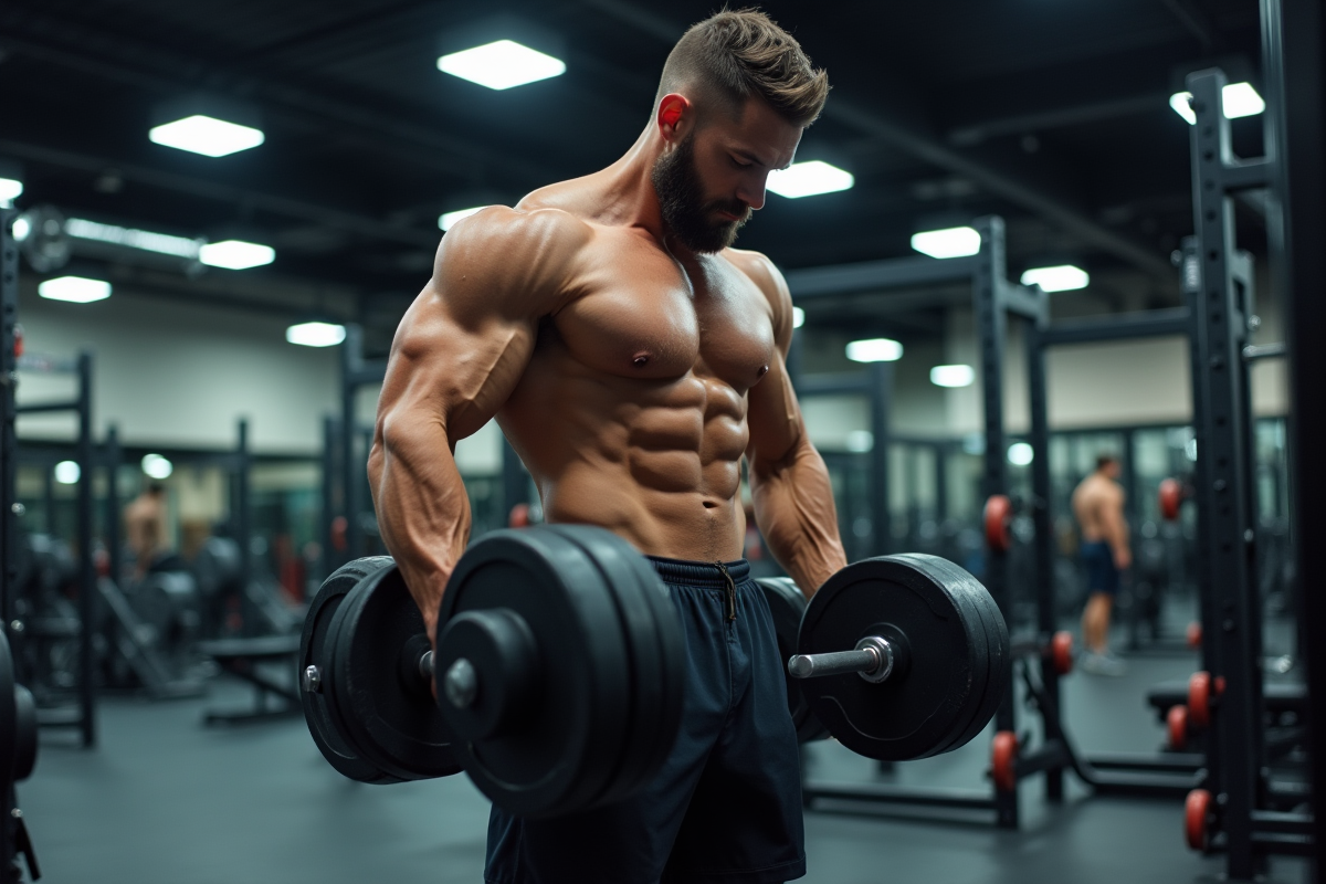 Homme musclé soulevant haltères dans salle de sport lumineuse
