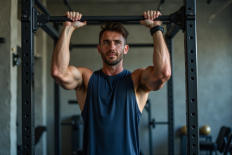 Homme musclé faisant un pull-up en salle de sport