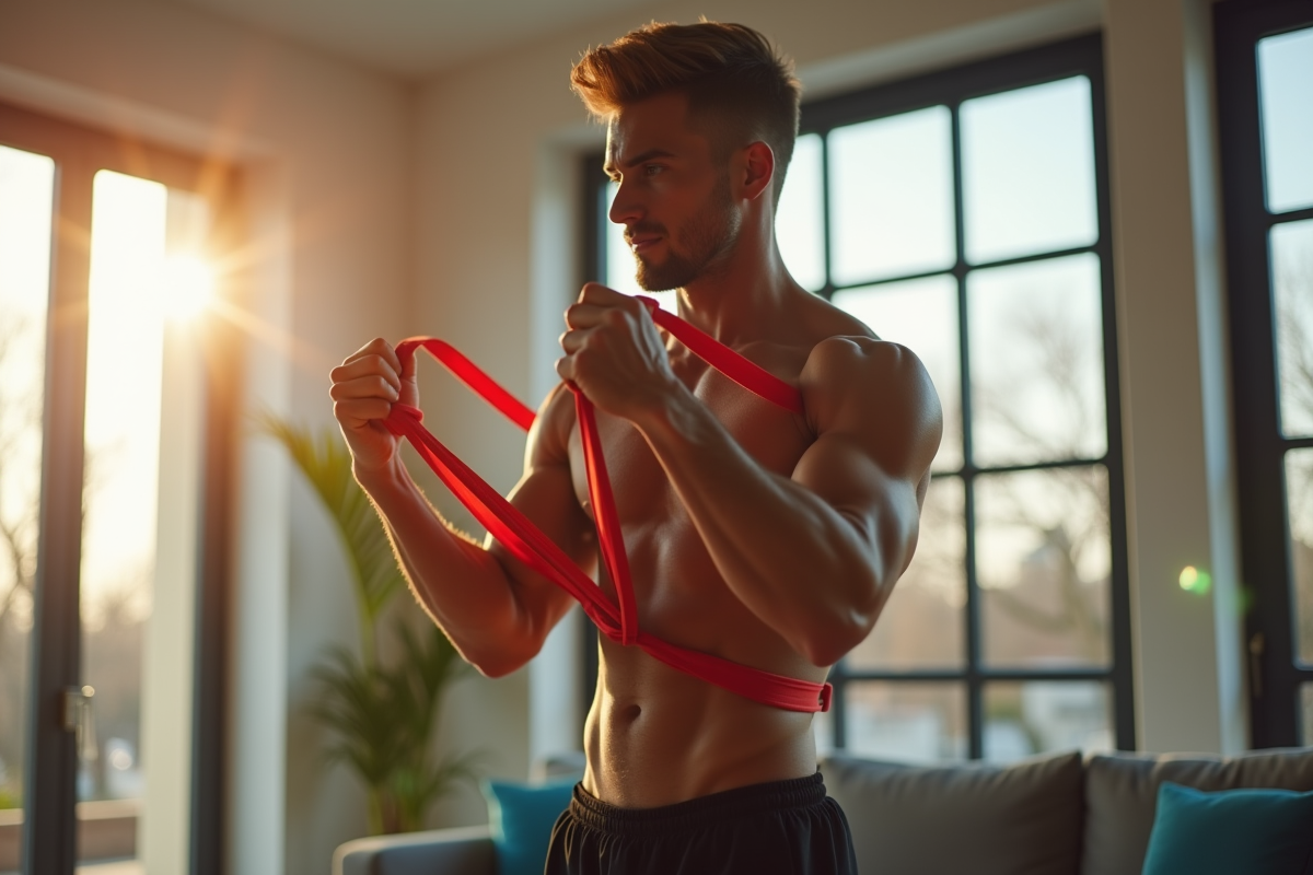 Homme musclé en salle moderne faisant des curls avec bandes rouges
