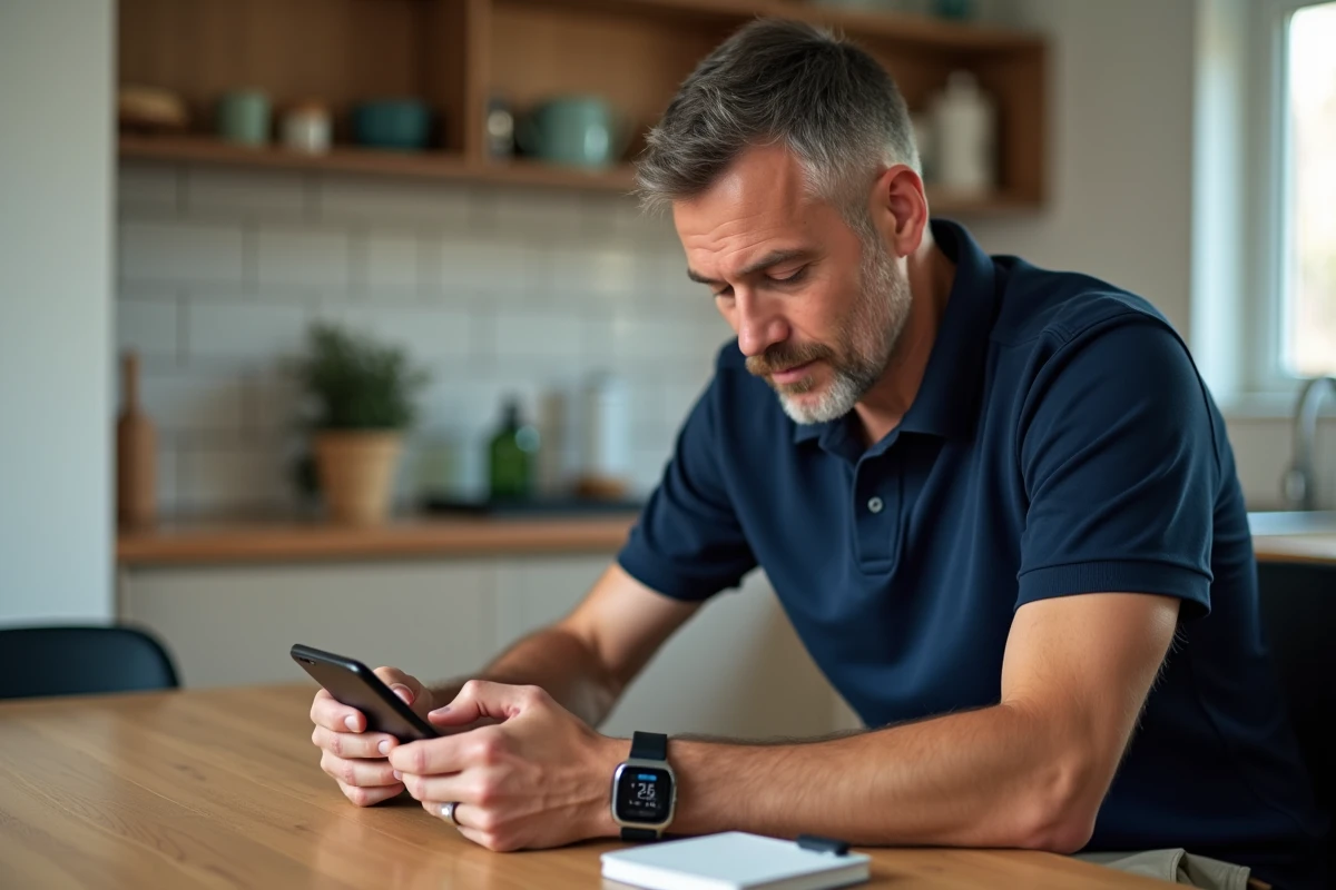 Homme paramétrant une application de conversion de pas en kilomètres sur smartphone à la maison