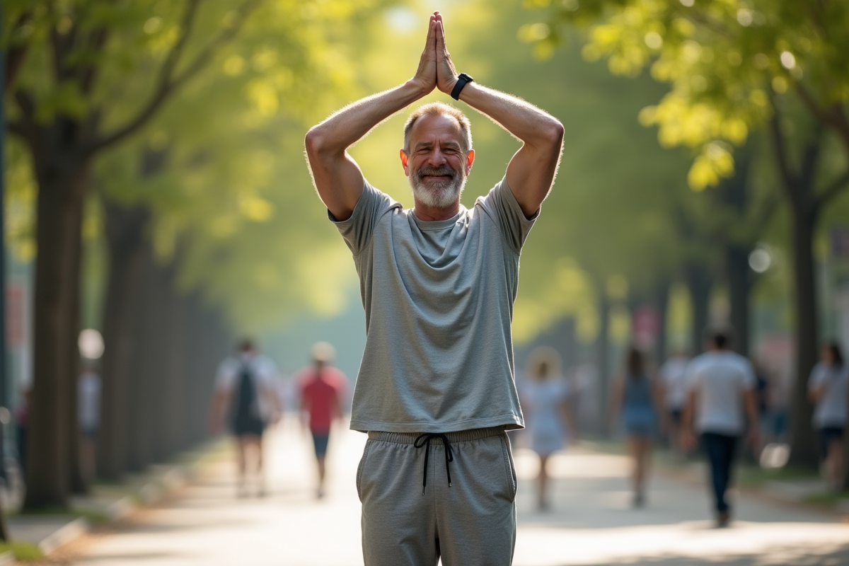 Homme en athleisure faisant une extension dans un parc urbain
