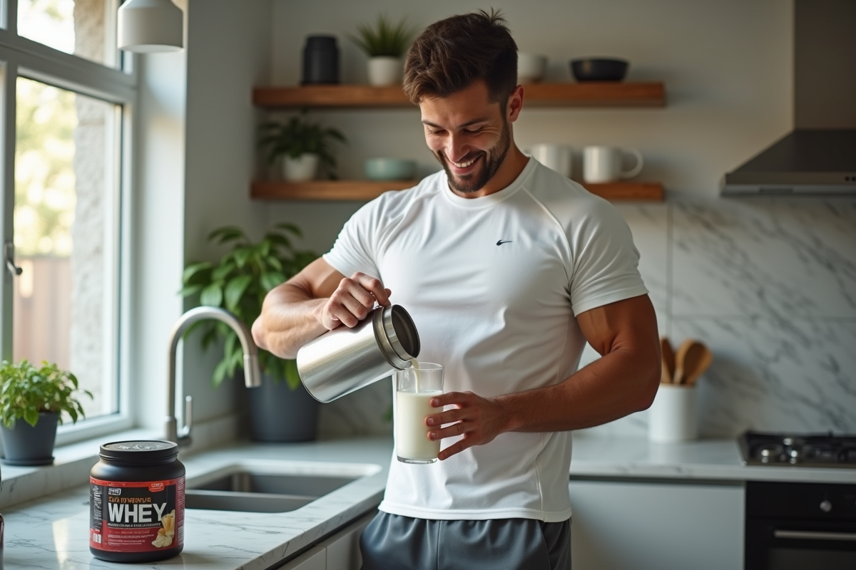 Homme athlétique versant du lait dans un shaker en cuisine moderne