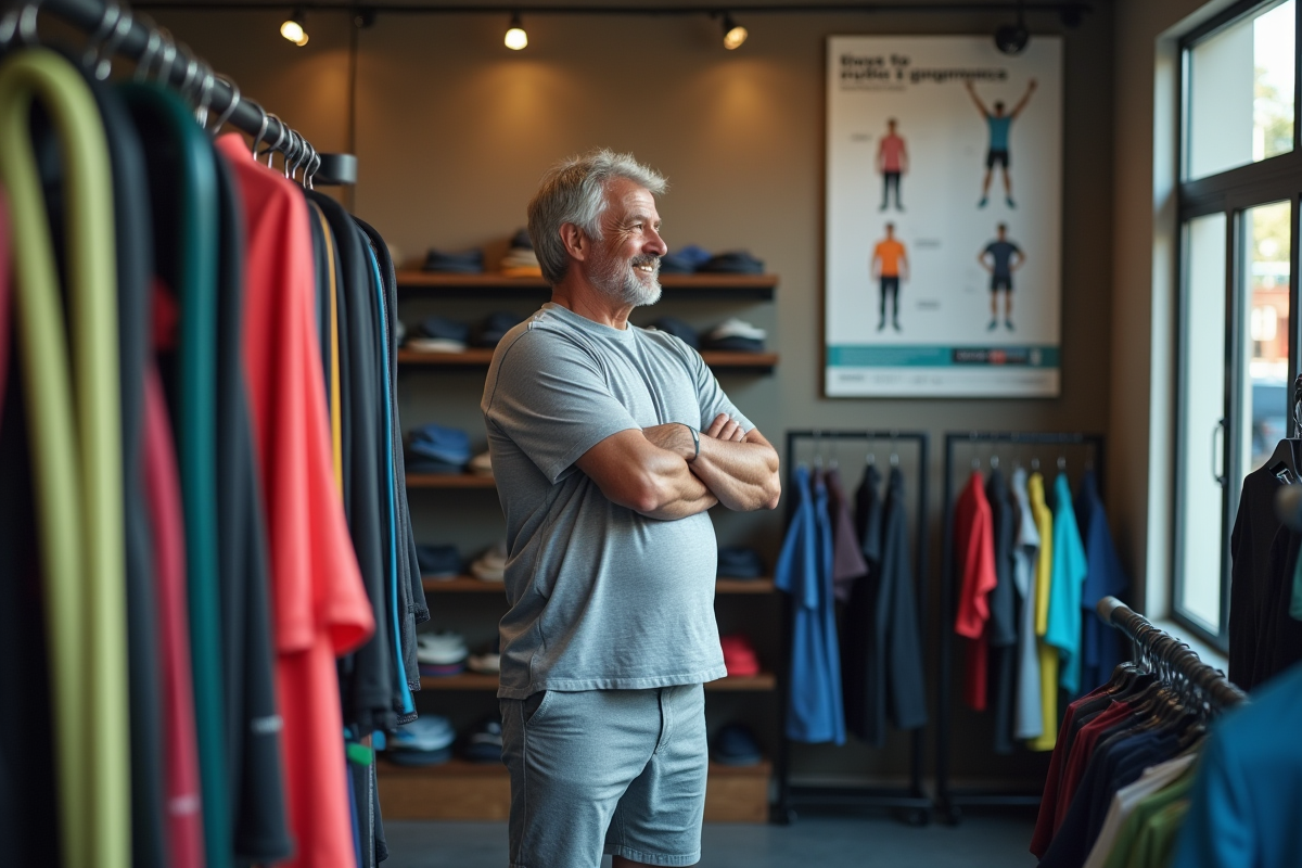 Homme inspectant des bandes de resistance en magasin de sport