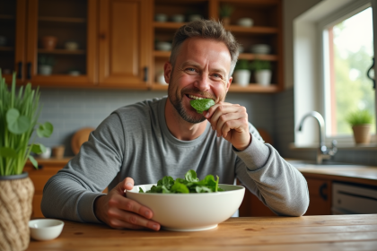 Homme en tenue sportive dégustant une salade d'épinards dans la cuisine