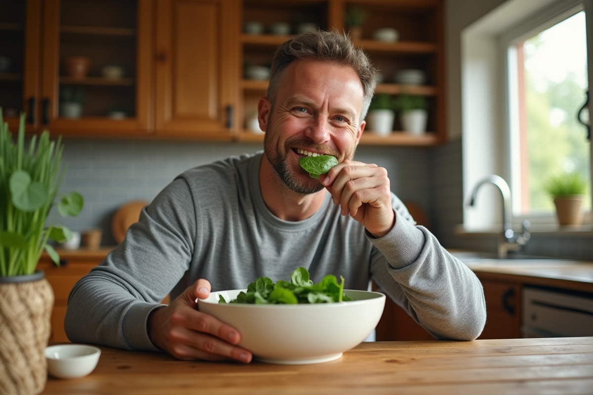 Homme en tenue sportive dégustant une salade d'épinards dans la cuisine