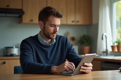 Homme d&eacute;tendu regardant scores sportifs sur tablette