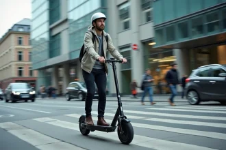 Homme en scooter électrique urbain Urban Glide 140 sur une piste cyclable en ville