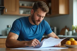 Homme en tenue de sport examine un plan d'entrainement dans la cuisine