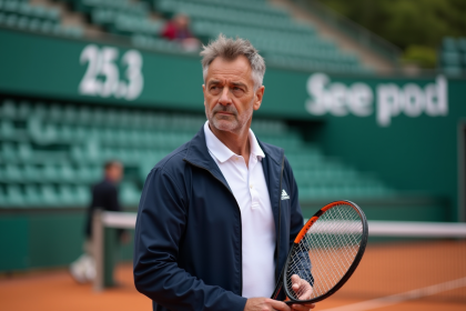 Homme d'âge moyen en tenue de tennis sur le court
