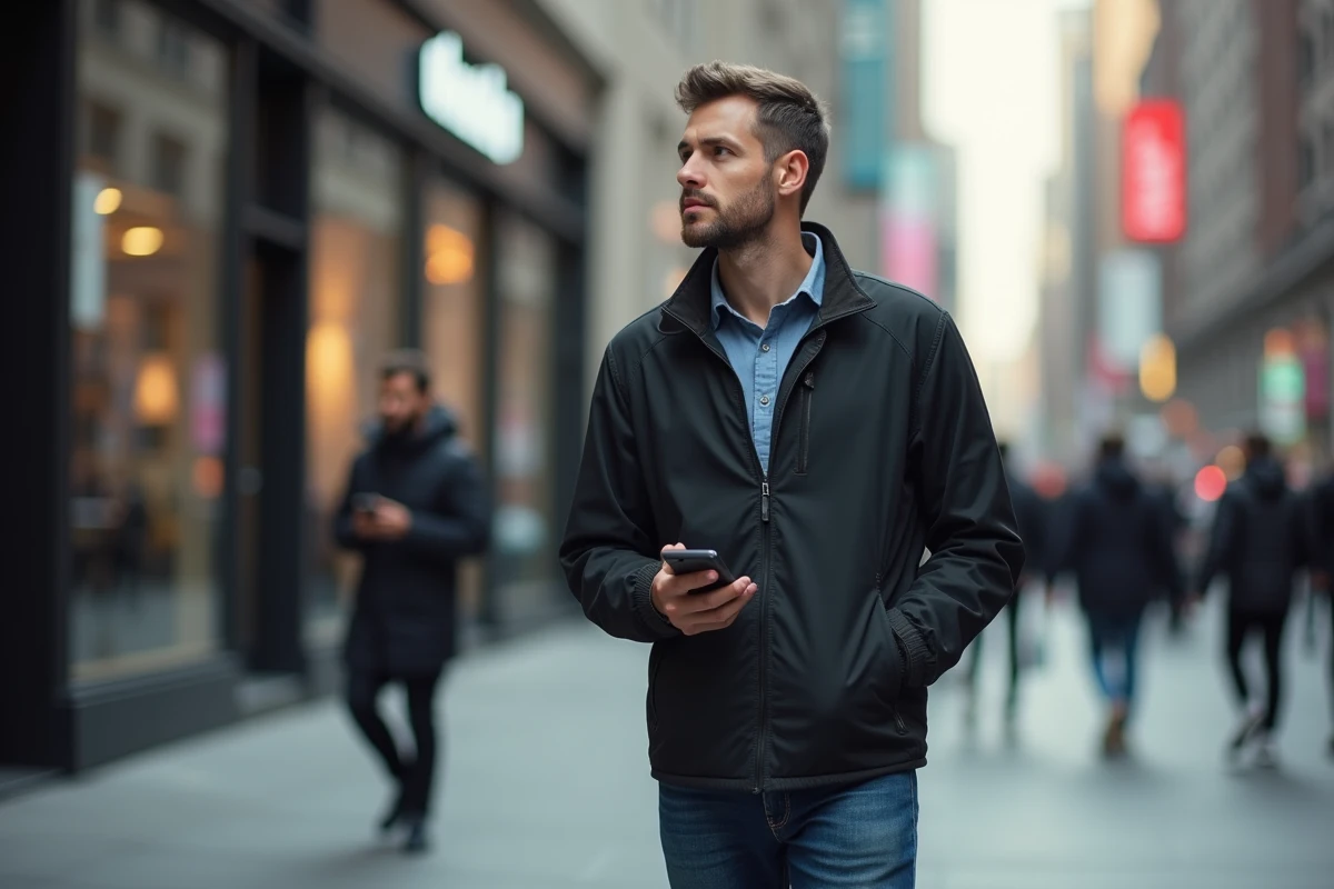 Homme en ville avec smartphone pour article