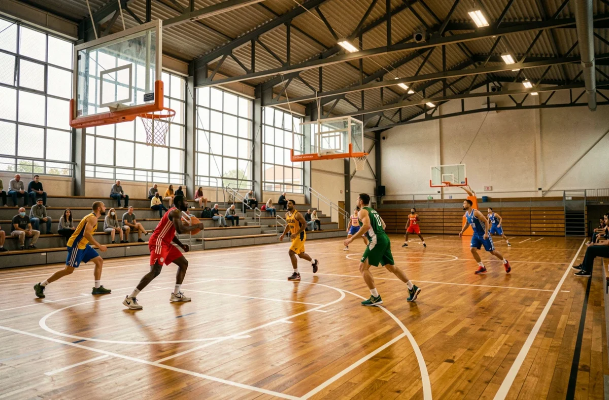 Terrains de basketball intérieurs de la Hoops Factory Aubervilliers avec des joueurs adultes en plein match