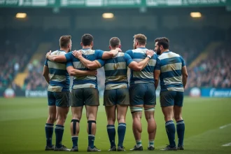 Joueurs de rugby en Fédérale 2 réunis en huddle avant un match décisif pour la phase finale 2026