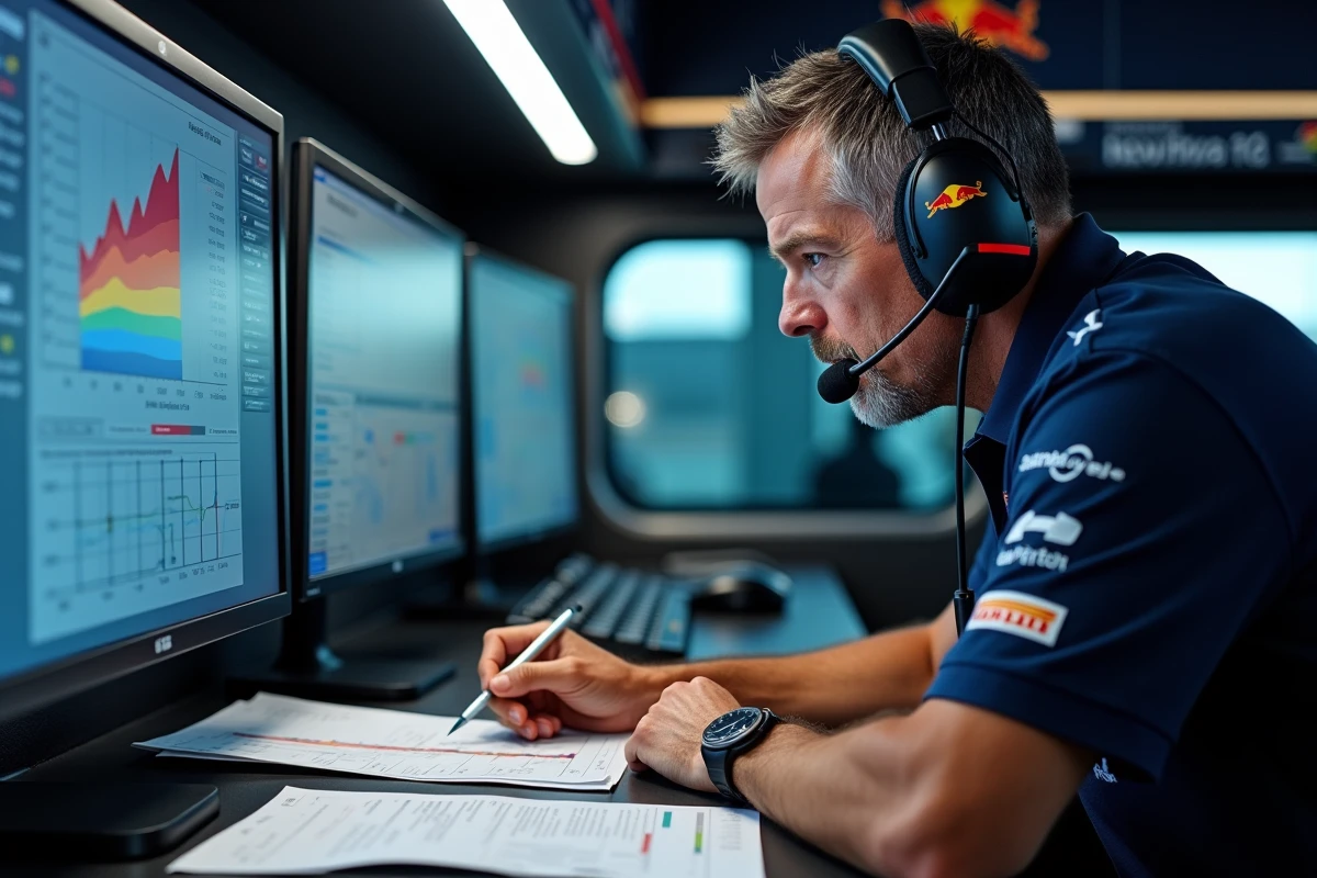 Ingénieur de course MotoGP analysant la télémétrie sur des écrans dans le motorhome de l'équipe