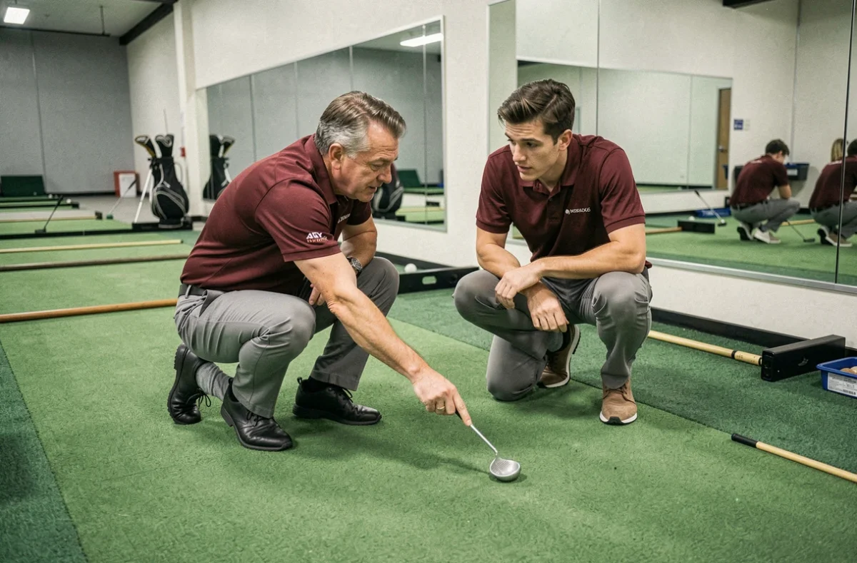 Instructeur de golf expliquant le dosage d'un long putt à un élève dans un centre d'entraînement intérieur