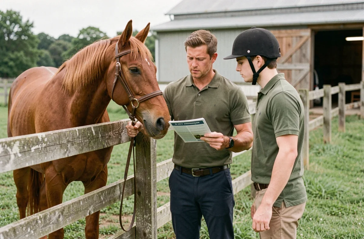 Instructeur équestre expliquant le guide SIF FFE à un cavalier débutant près d'un cheval dans un paddock
