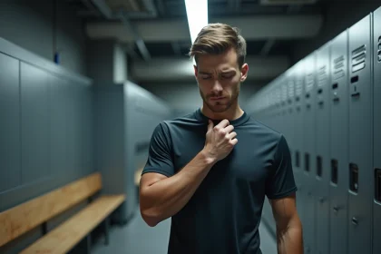 Jeune homme en maillot technique dans un vestiaire moderne