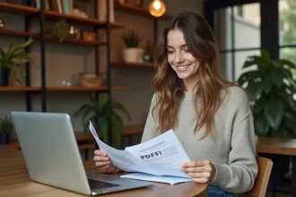 Jeune femme au café avec son ordinateur et PDFs