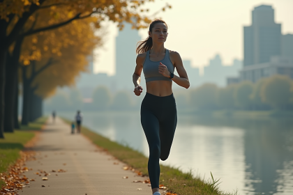 Jeune femme courant le long d'une rivière en ville