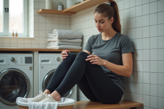 Jeune femme inspectant ses leggings dans la buanderie moderne