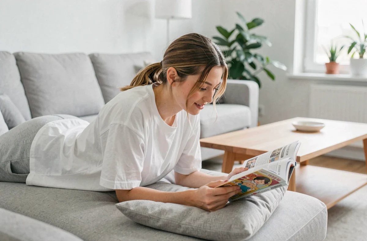 Jeune femme allongée sur un canapé dans un appartement moderne lisant un manga Blue Lock dans une ambiance détendue