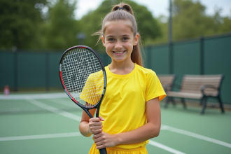 Jeune fille souriante en tennis sur court ext&eacute;rieur