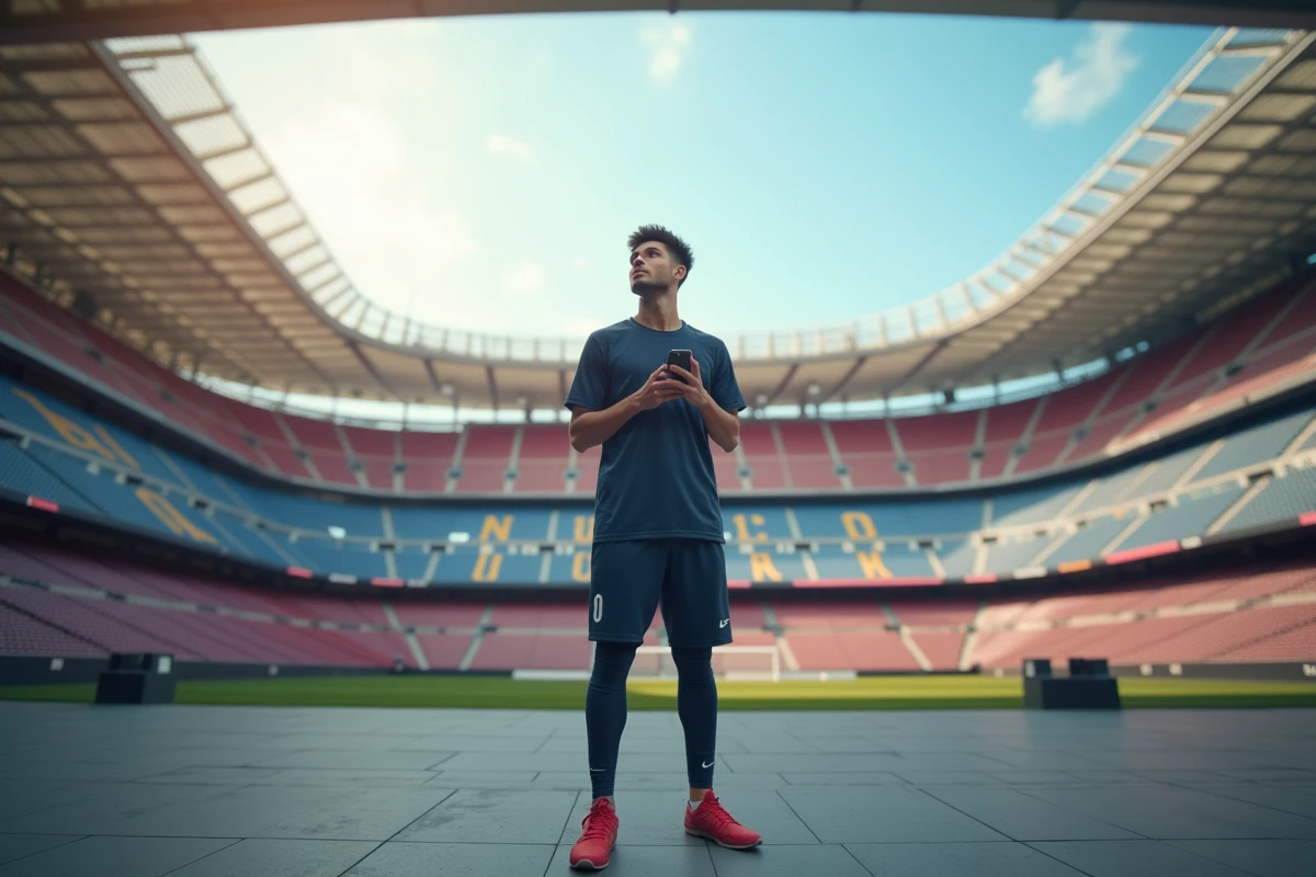 Jeune footballeur devant le stade Camp Nou