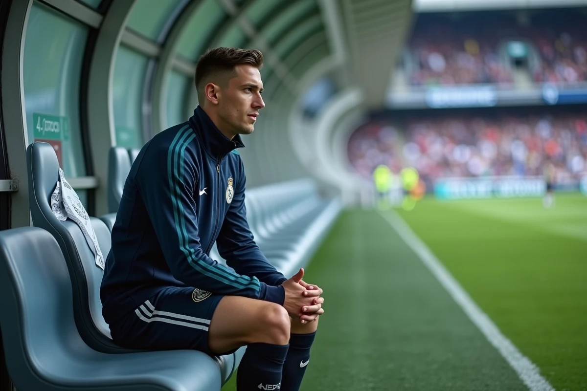 Jeune joueur Real Madrid assis dans la dugout en attente