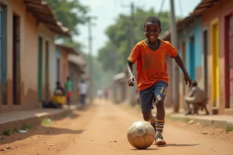 Jeune garçon dribblant un ballon dans un quartier de Kinshasa
