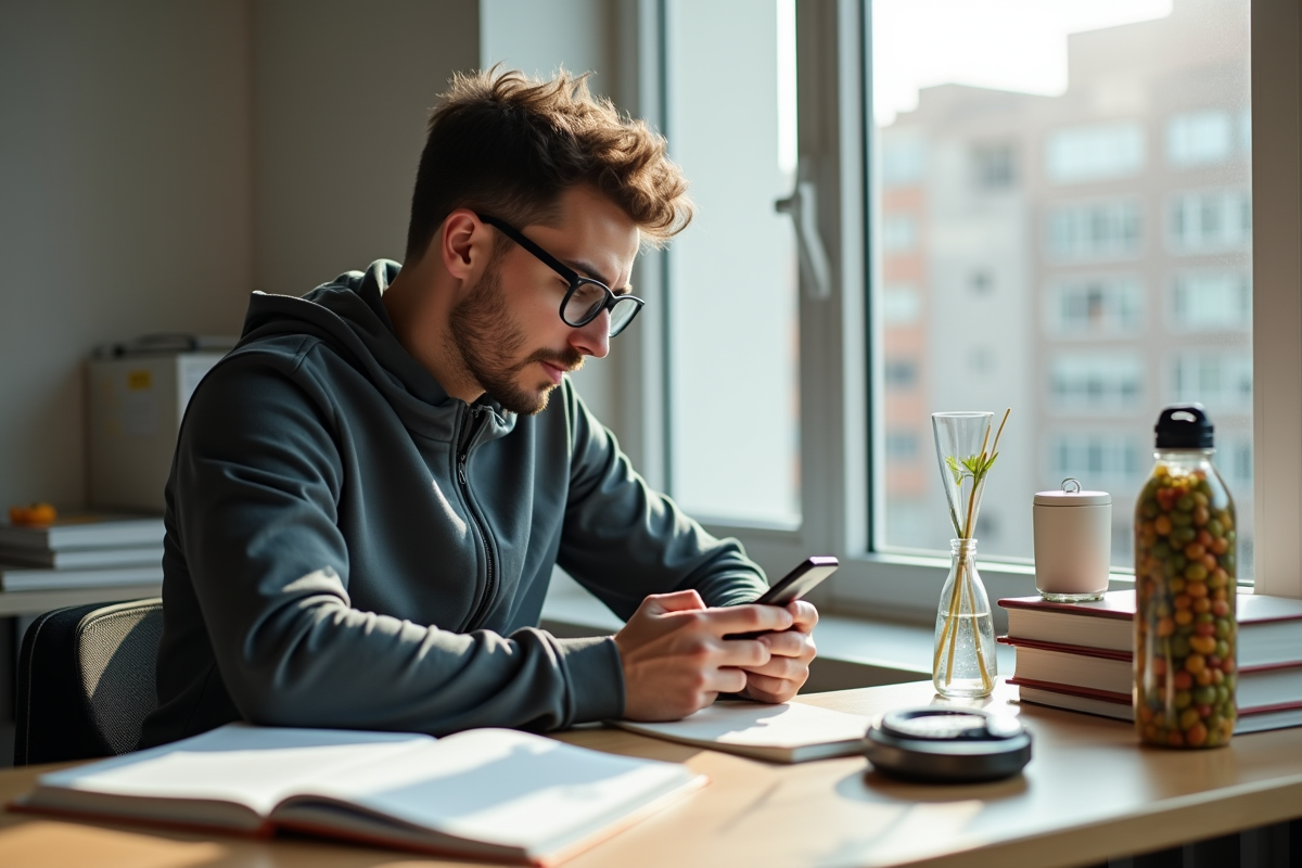 Jeune homme utilisant application de nutrition au bureau