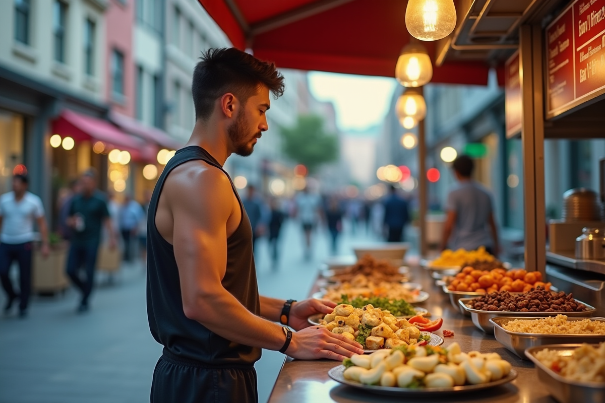 Jeune homme sportif choisissant de la street food urbaine