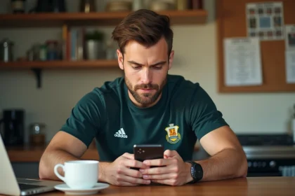 Jeune homme consulte r&eacute;sultats rugby sur smartphone dans la cuisine
