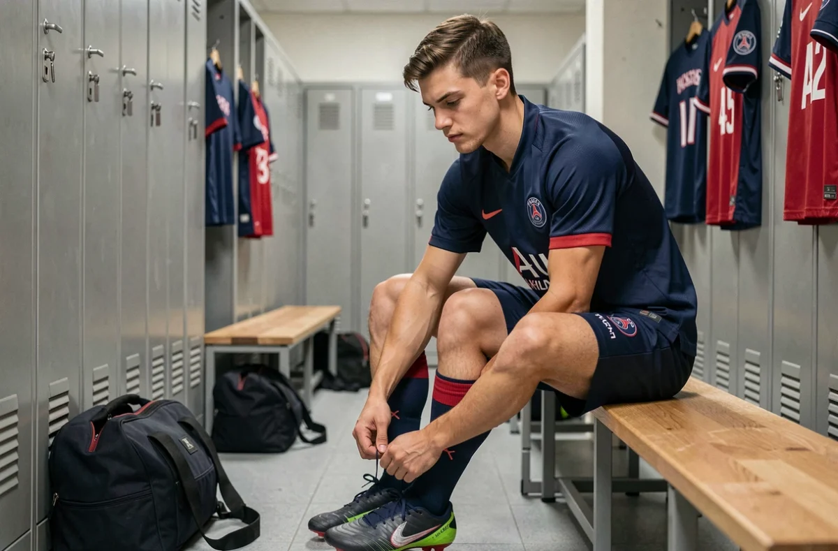 Jeune joueur du PSG dans le vestiaire en train de lacer ses chaussures avant le match
