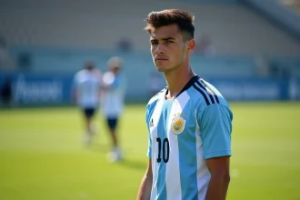 Jeune joueur de l'équipe nationale argentine en maillot rayé bleu et blanc lors d'un entraînement officiel