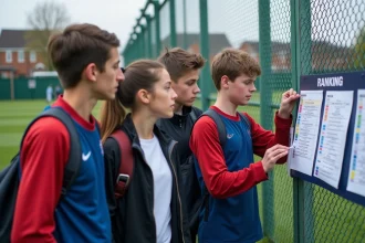 Jeunes sportifs regardant un tableau de classement en extérieur