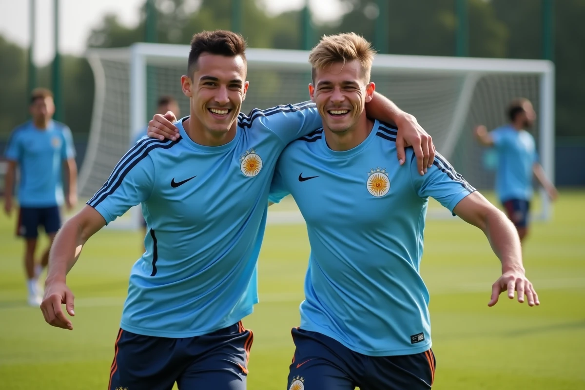 Deux jeunes talents argentins célébrant ensemble lors d'un entraînement de la sélection nationale