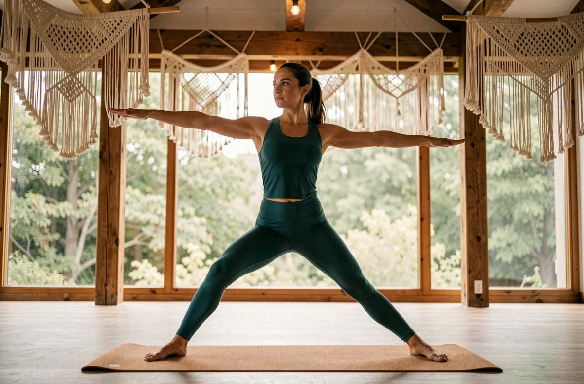 Joana, professeure de yoga à Montpellier, en posture guerrière dans un studio lumineux
