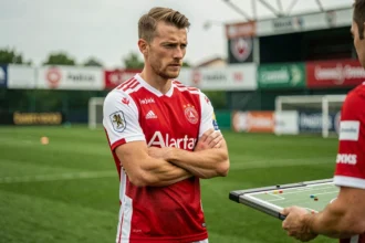 Joueur professionnel de l'Ajax Amsterdam en maillot rouge et blanc lors d'un entraînement sur le terrain, symbolisant l'effectif 2026 du club