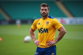 Joueur de rugby de l'ASM Clermont en maillot jaune et bleu sur le terrain d'entraînement, illustrant les transferts du club