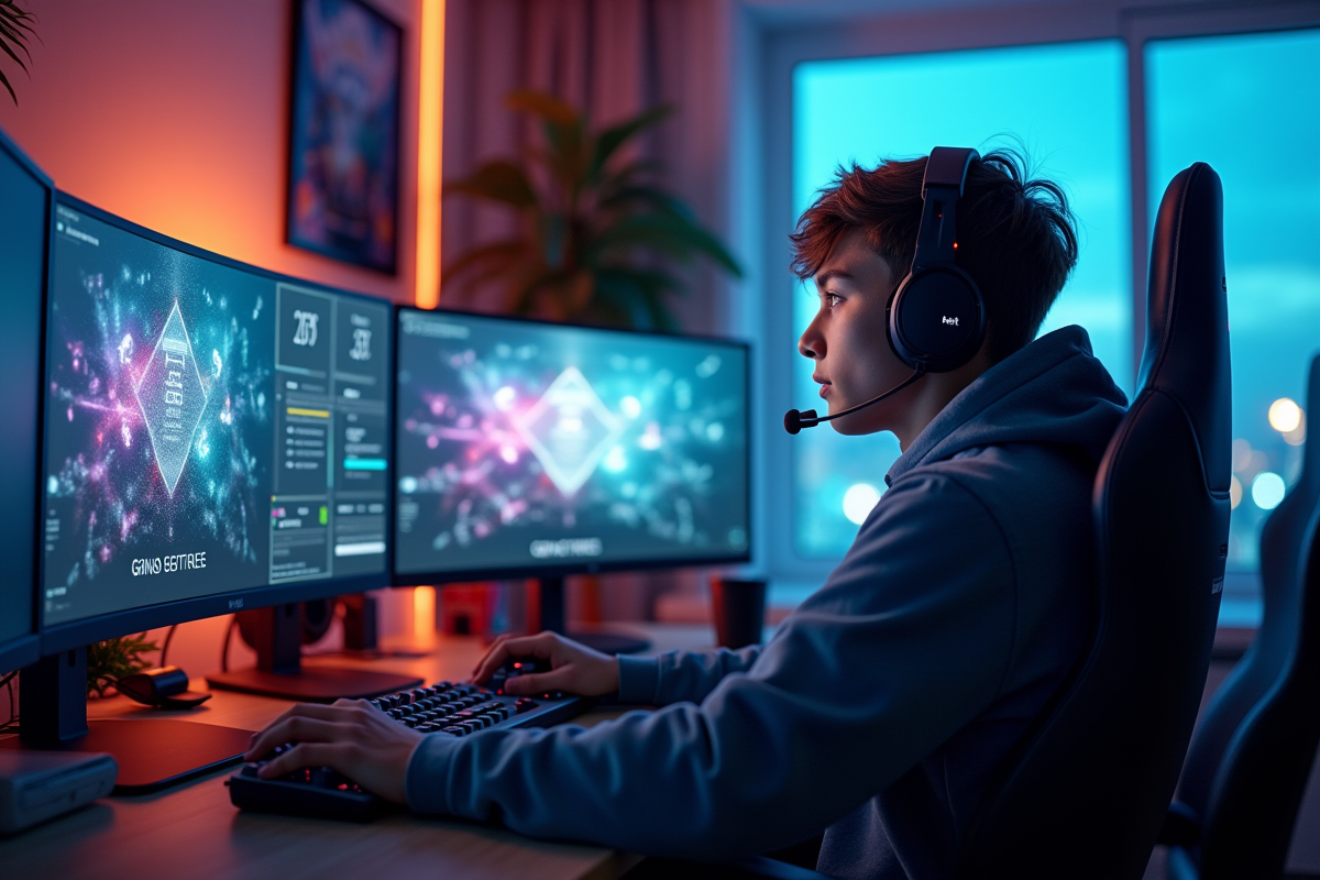 Jeune athlète esport à domicile en 2025 avec hologrammes