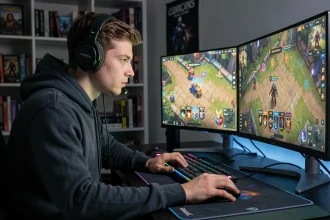 Joueur de League of Legends concentré devant son setup gaming avec des rangs affichés à l'écran