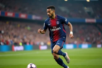 Joueur de football du PSG en action avec le ballon sur la pelouse du Parc des Princes