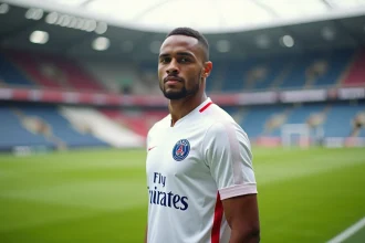 Joueur de football du Paris Saint-Germain en tenue officielle sur le terrain d'entraînement avec le Parc des Princes en arrière-plan