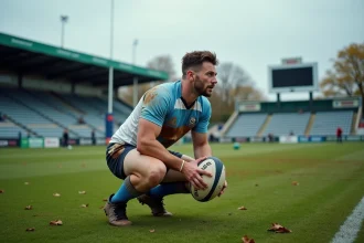 Joueur de rugby fédérale accroupi sur le terrain après un match avec ballon ovale, regardant le tableau des scores